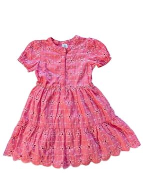 Little Kids Girls Pink Eyelet Tiered Cotton Dress with Puff Sleeves Size 6-7